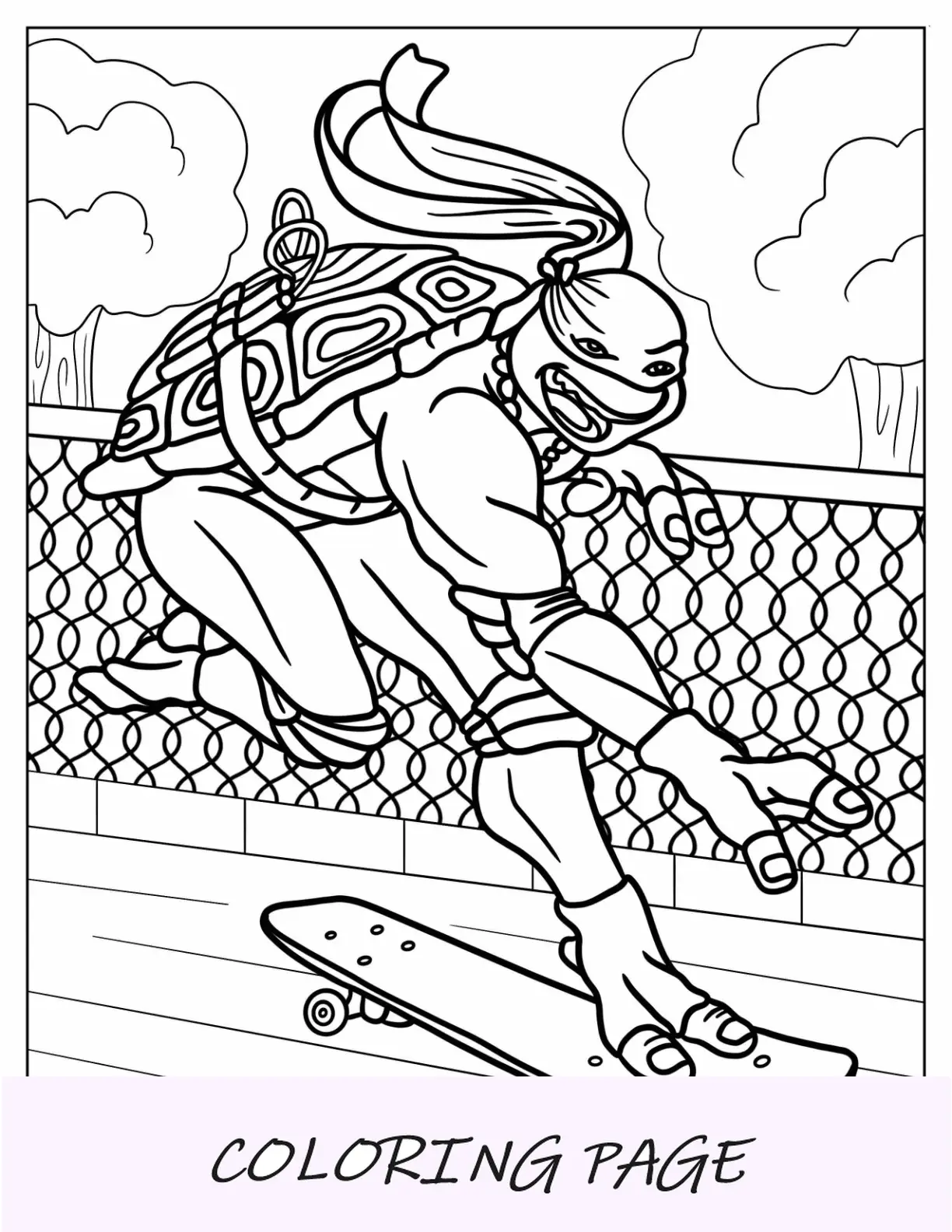 Dibujo para colorear de las Tortugas Ninja de Miguel Ángel en patineta