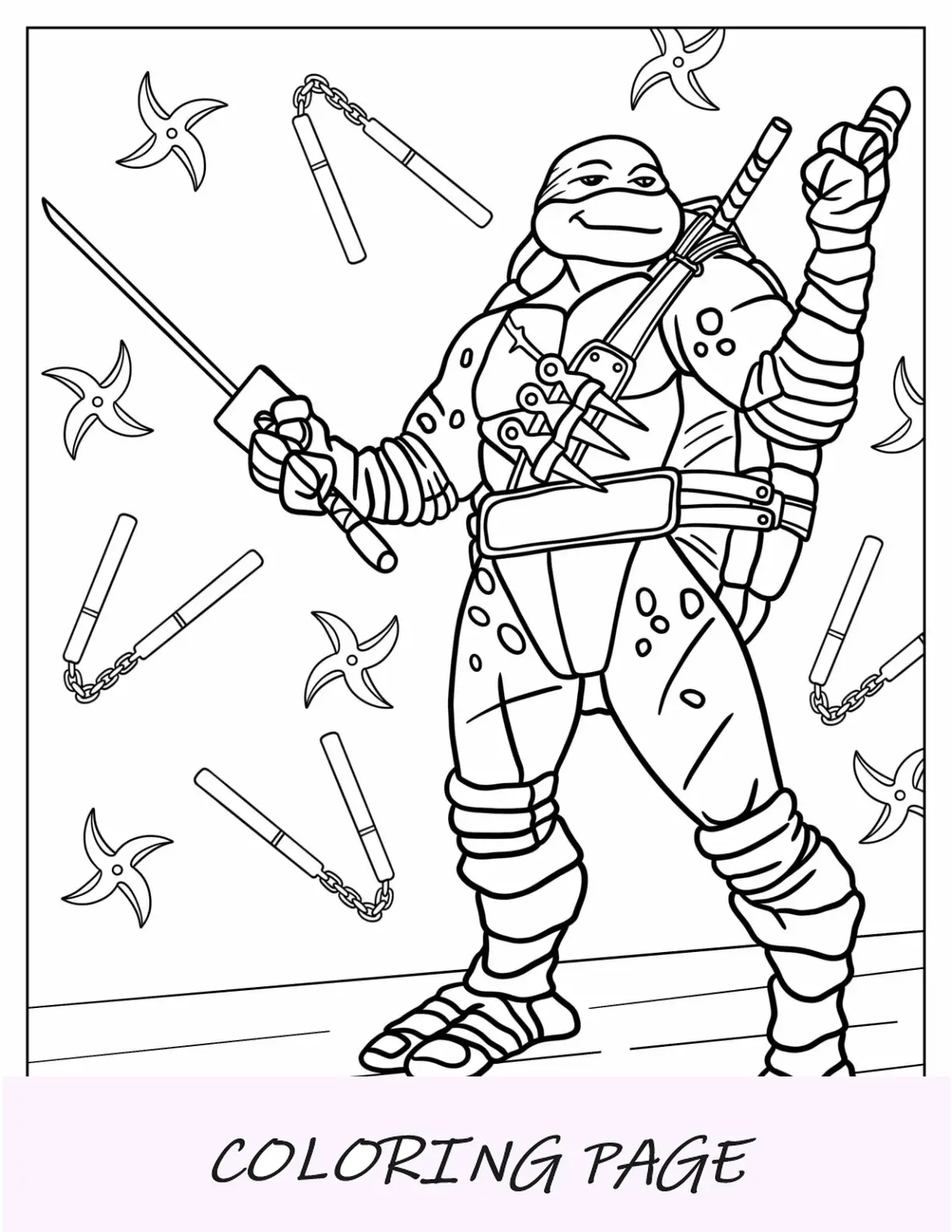 Página para colorear de las Tortugas Ninja de Leonardo sonriendo mientras sostiene una katana