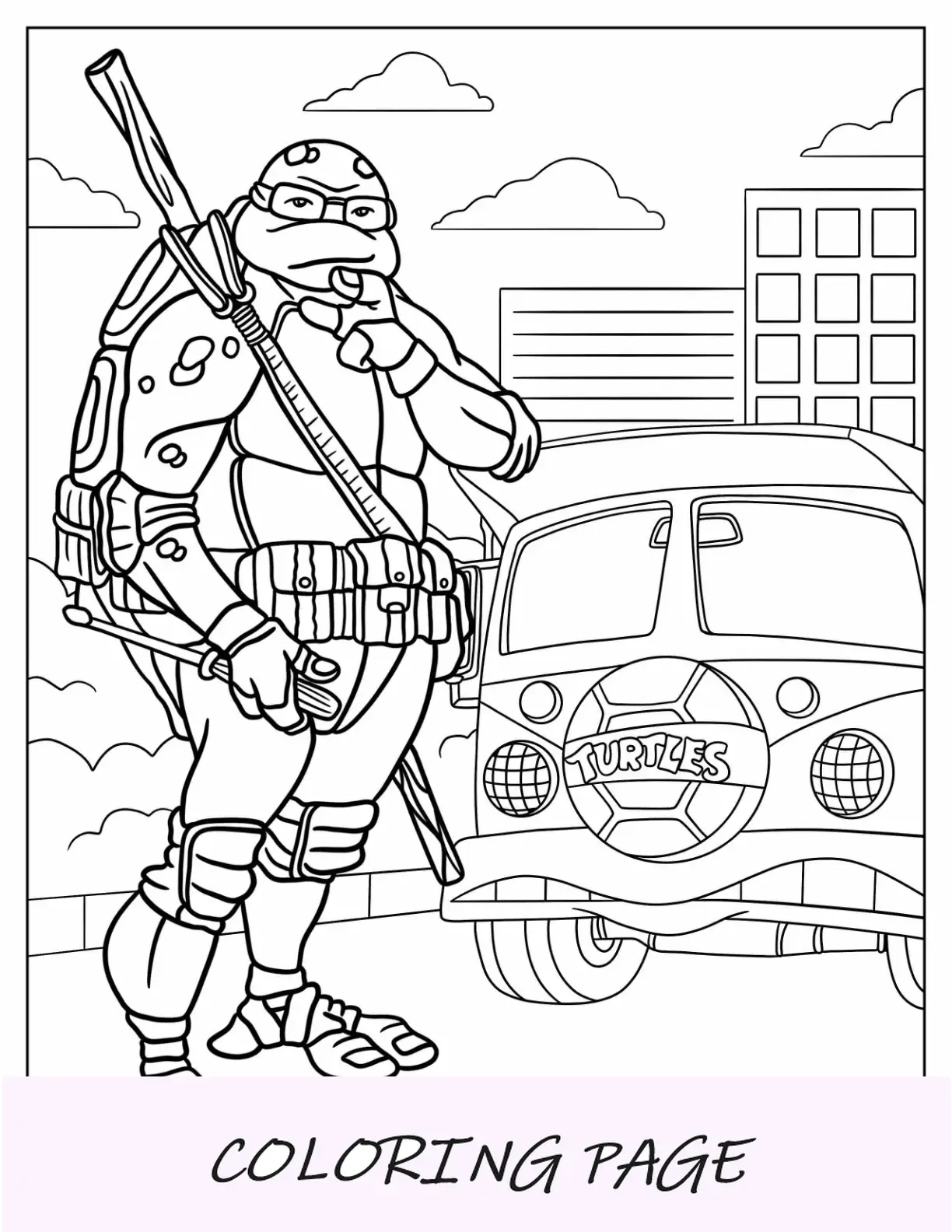 Página para colorear de las Tortugas Ninja de Donatello parado frente a la furgoneta Tortuga