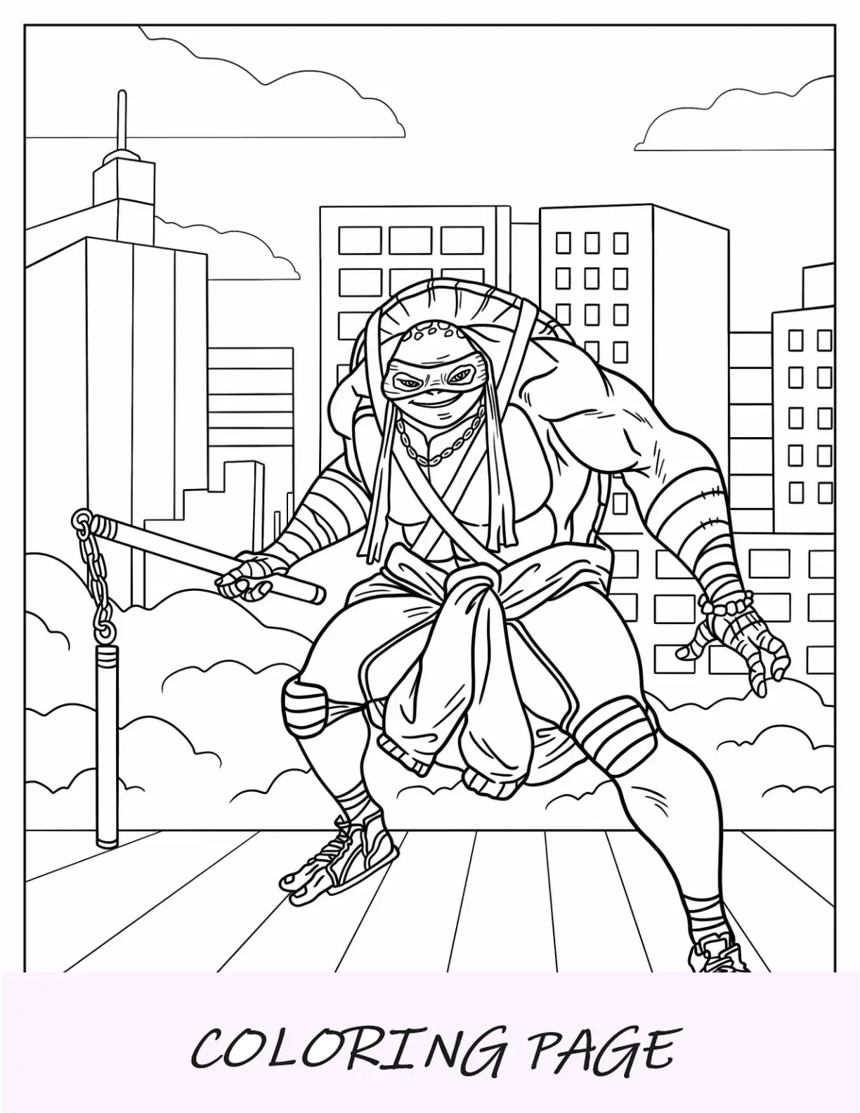 Página para colorear de las Tortugas Ninja de Miguel Ángel usando nunchakus en la ciudad