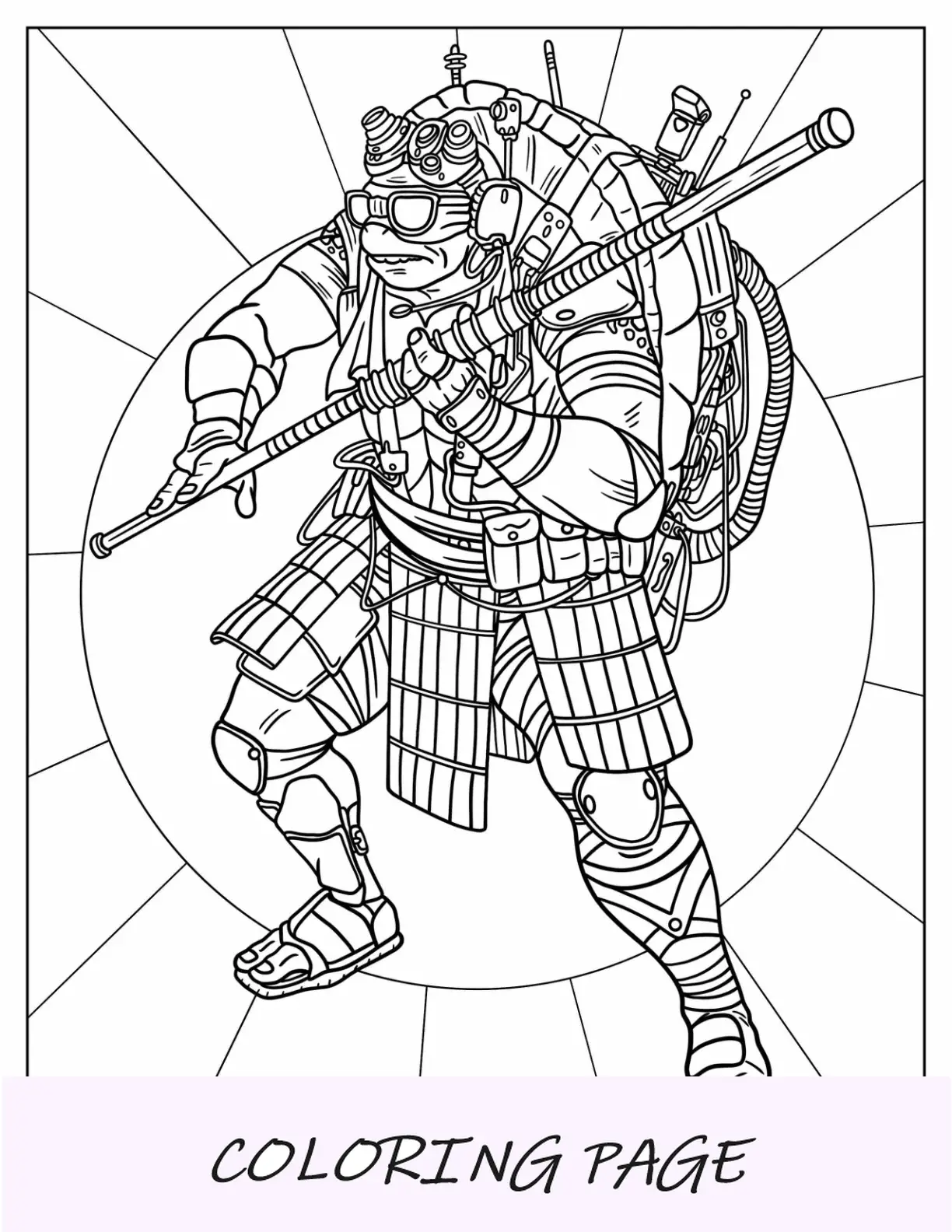 Página para colorear de las Tortugas Ninja de Donatello adulto sosteniendo el bastón de Bo