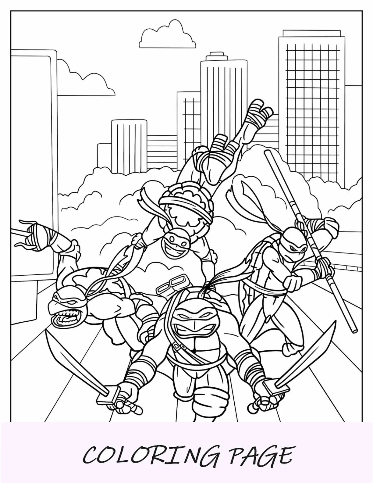 Página para colorear de las Tortugas Ninja de Rafael, Donatello, Miguel Ángel y Leonardo cargando contra el enemigo