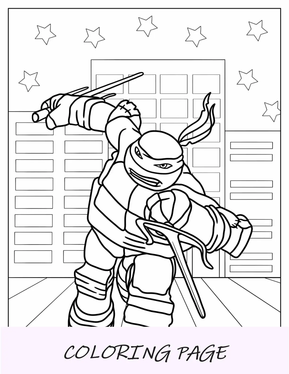 Página para colorear de las Tortugas Ninja de Rafael usando espadas gemelas Sai