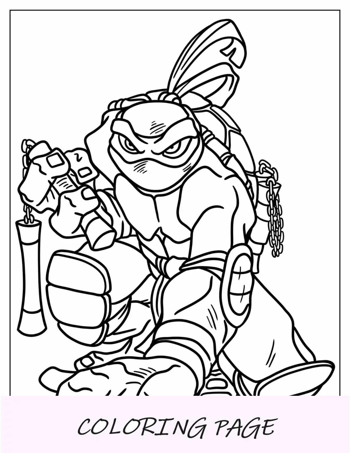Página para colorear de las Tortugas Ninja de Miguel Ángel sosteniendo nunchakus