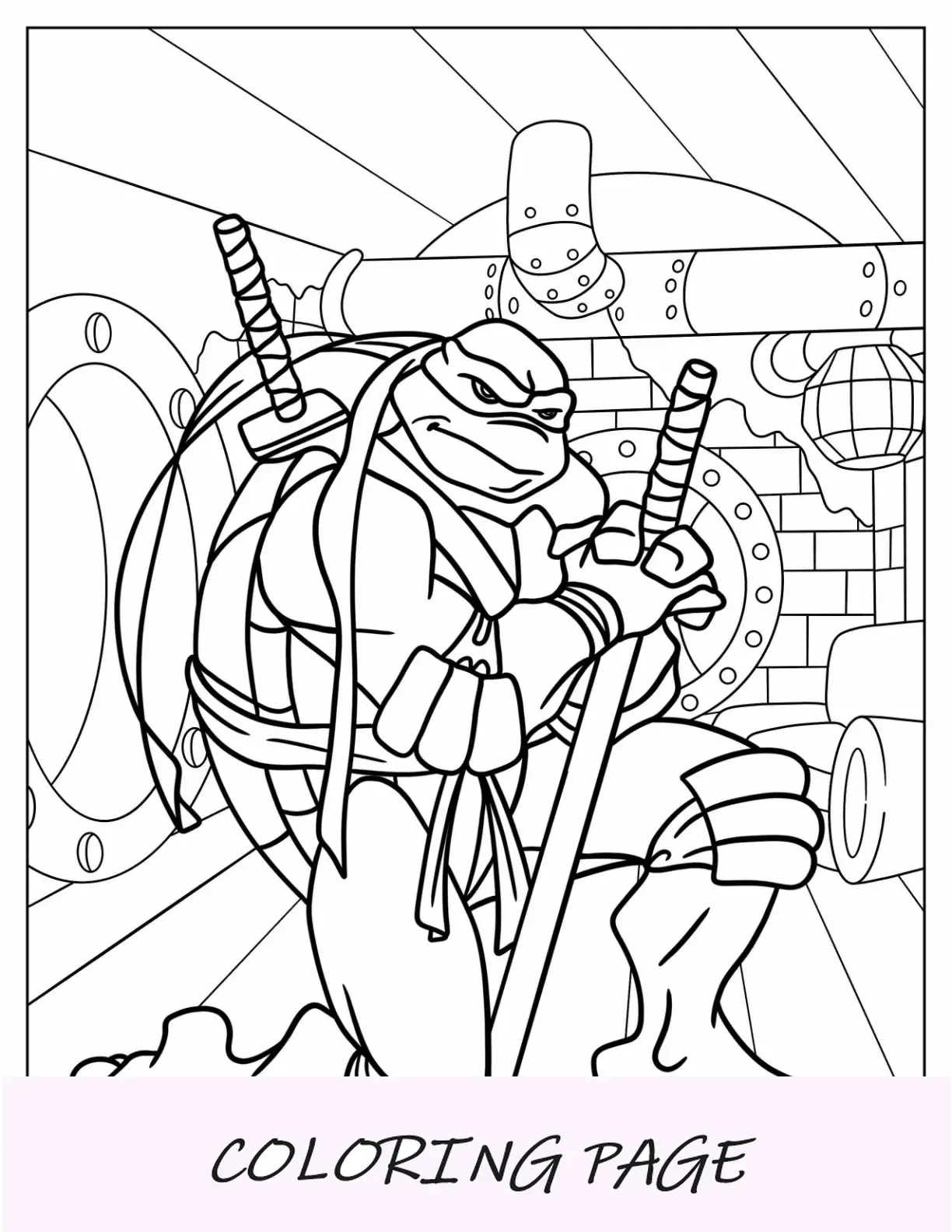 Página para colorear de las Tortugas Ninja de Leonardo arrodillado en el suelo mientras sostiene una katana