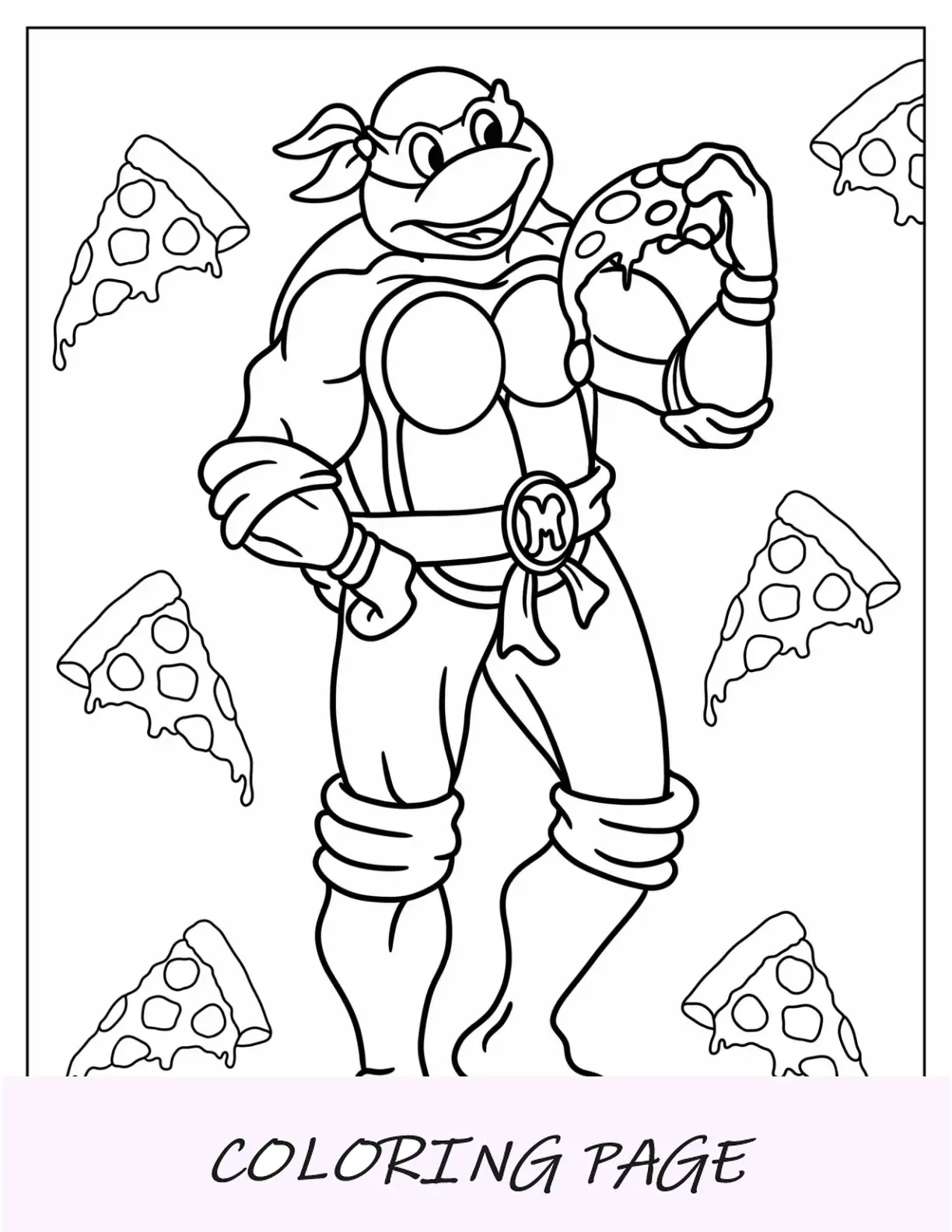 Dibujo para colorear de las Tortugas Ninja de Miguel Ángel comiendo pizza