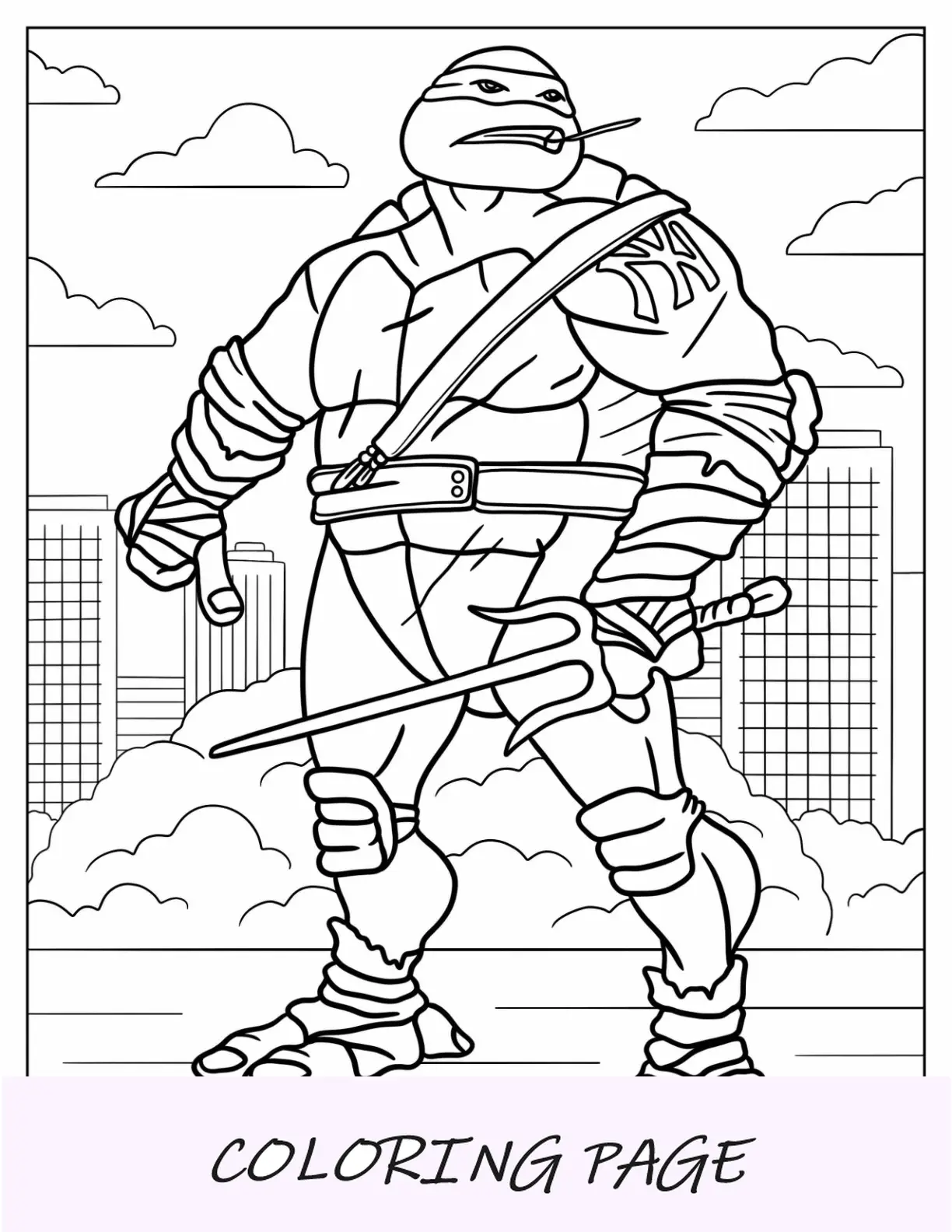 Página para colorear de las Tortugas Ninja de Rafael enojado sosteniendo una espada en la azotea