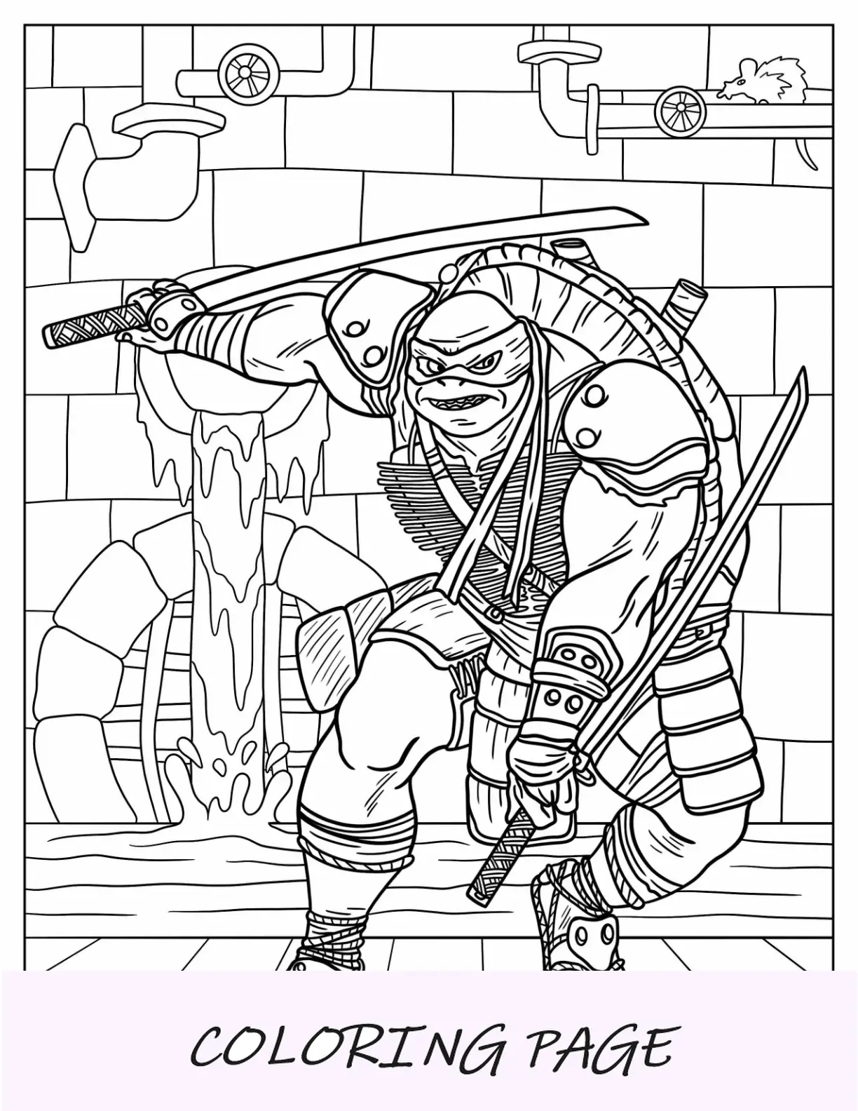 Página para colorear de las Tortugas Ninja de Leonardo adulto usando una katana dual en la alcantarilla