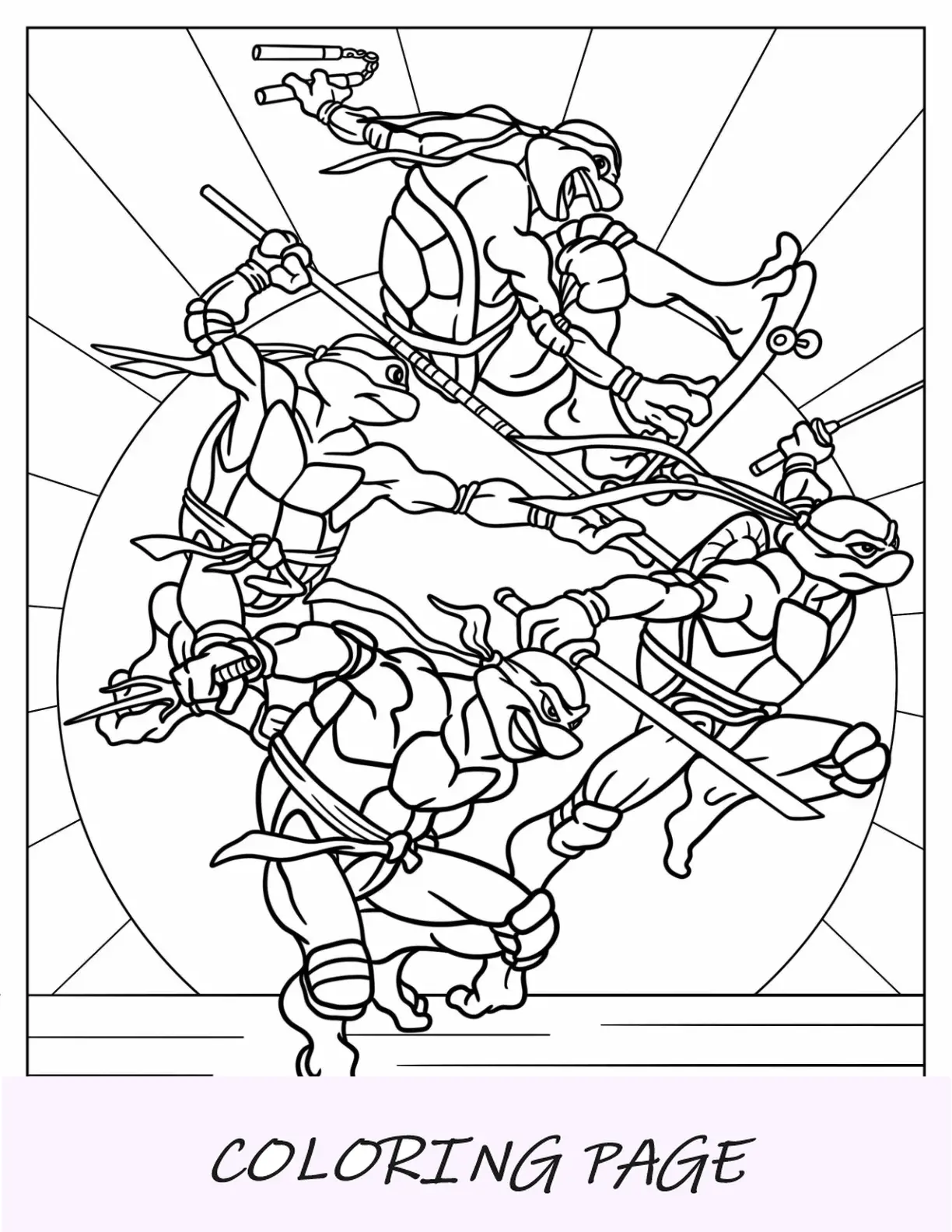Página para colorear de las Tortugas Ninja de Leonardo, Donatello, Miguel Ángel y Rafael en modo lucha