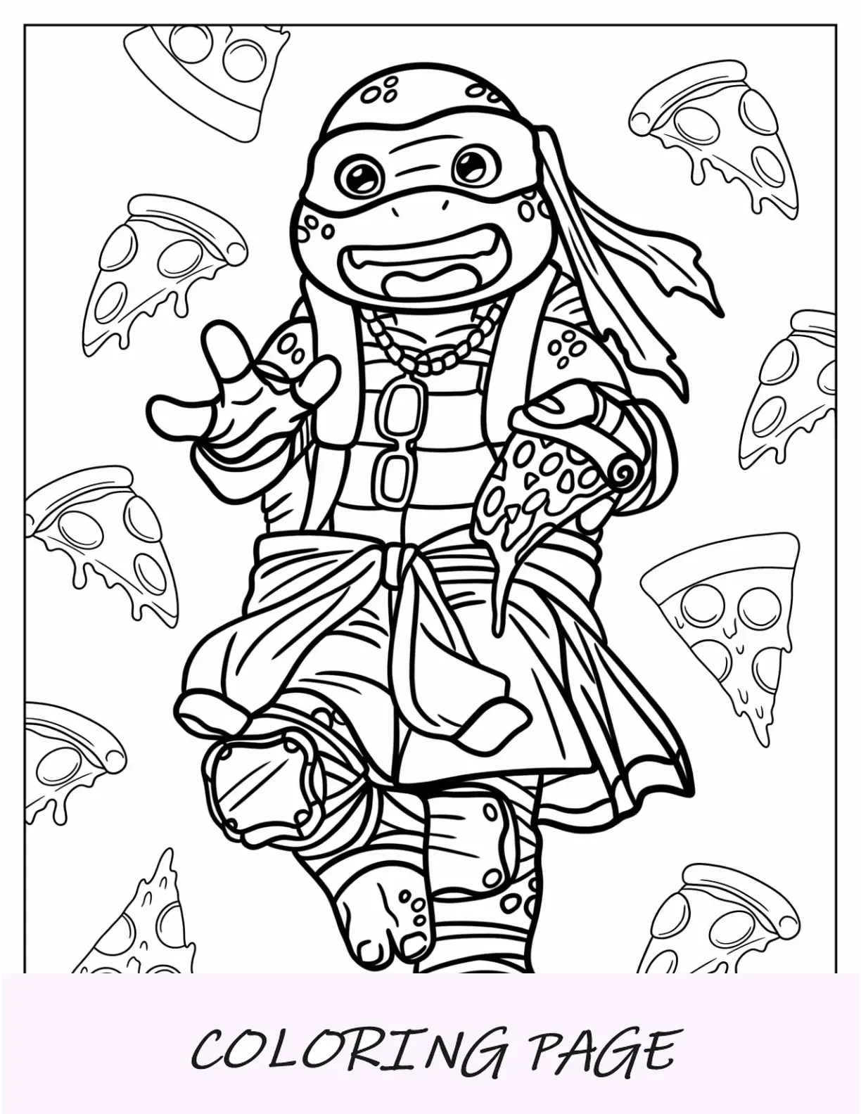 Página para colorear de las Tortugas Ninja del joven Miguel Ángel sosteniendo una pizza