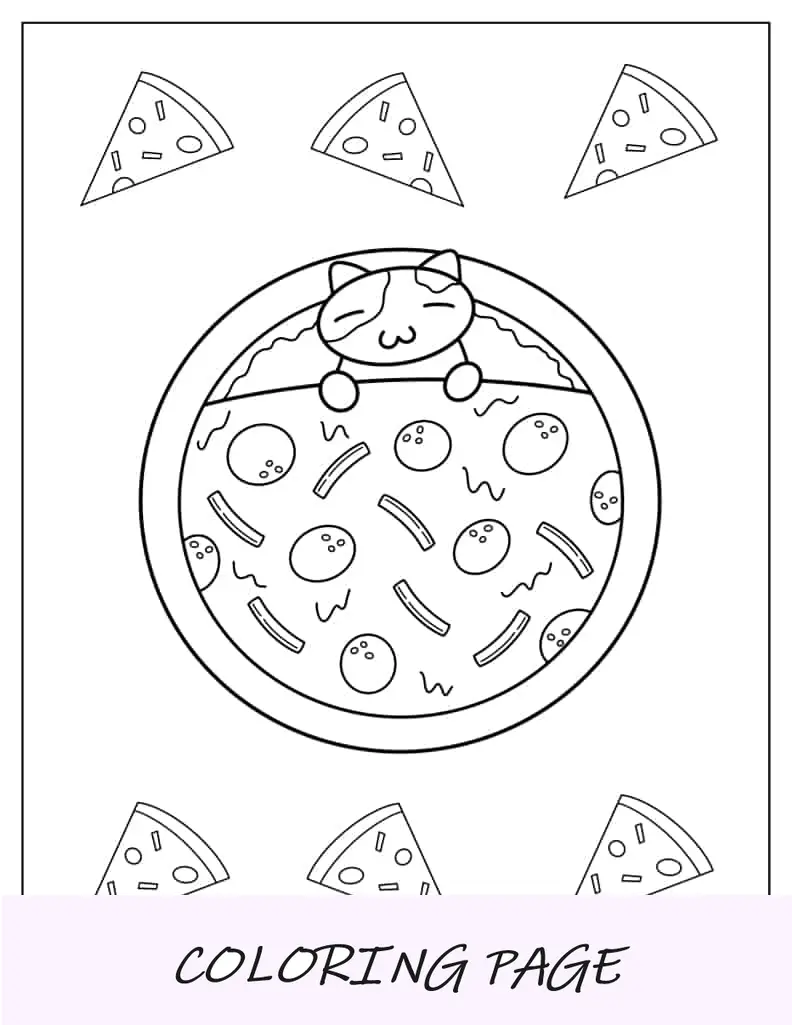 Folha para colorir de pizza com tema Kawaii