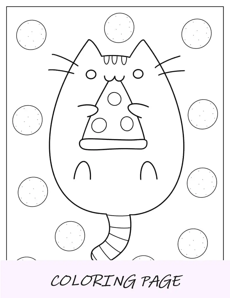Página para colorir de gato Pusheen comendo pizza