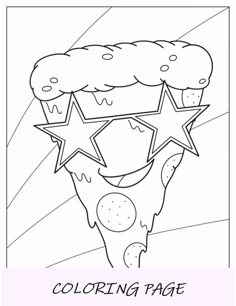Folha para colorir de fatia de pizza de desenho animado