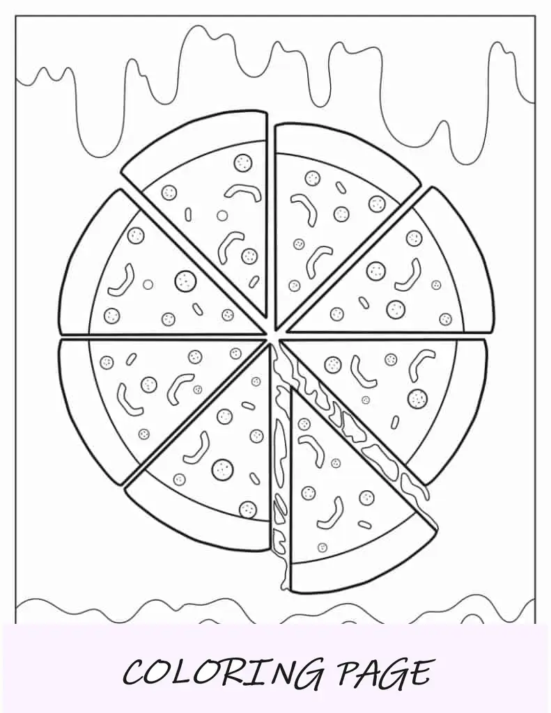 Esboço fácil de uma pizza para colorir para crianças em idade pré-escolar
