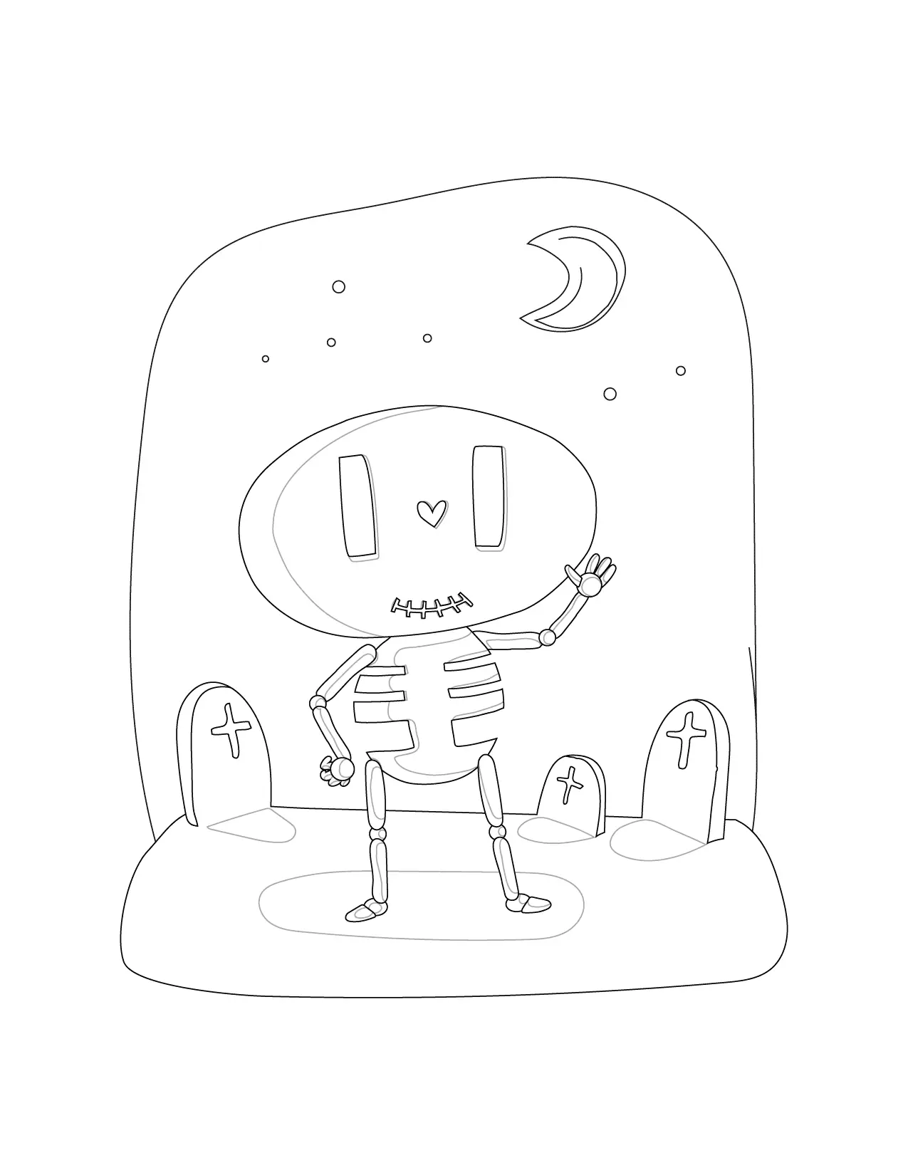 Cute Skeleton In Graveyard Coloring Page