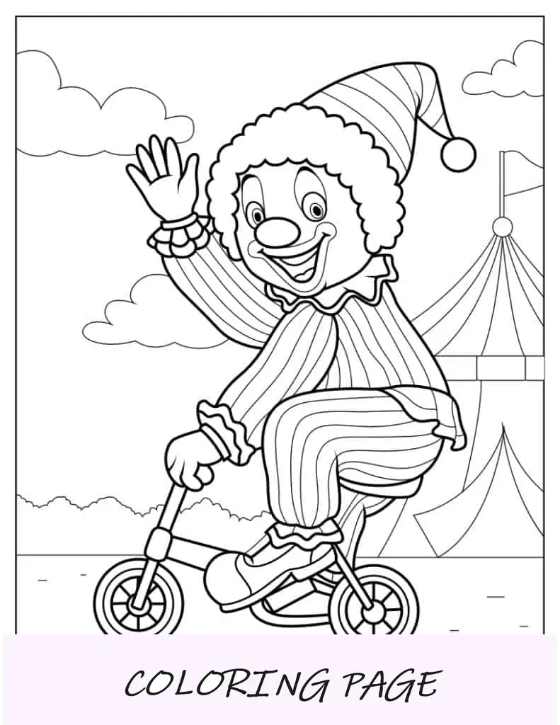 Palhaço fofo andando de mini bicicleta para colorir