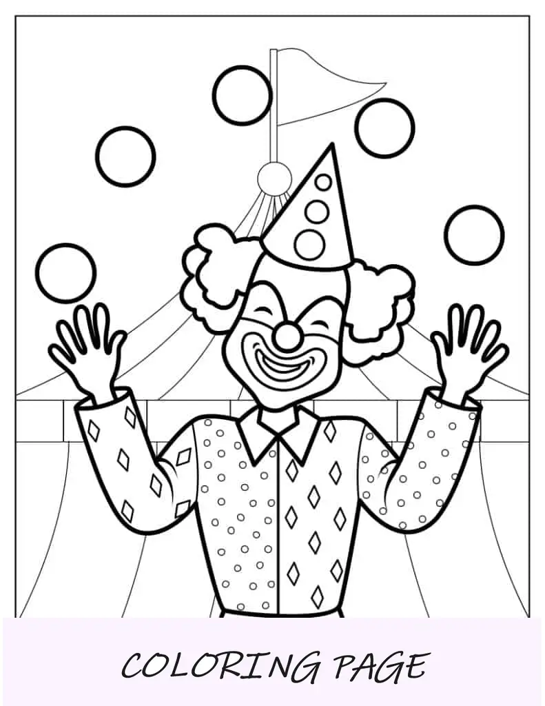 Folha para colorir de malabarismo de palhaço feliz