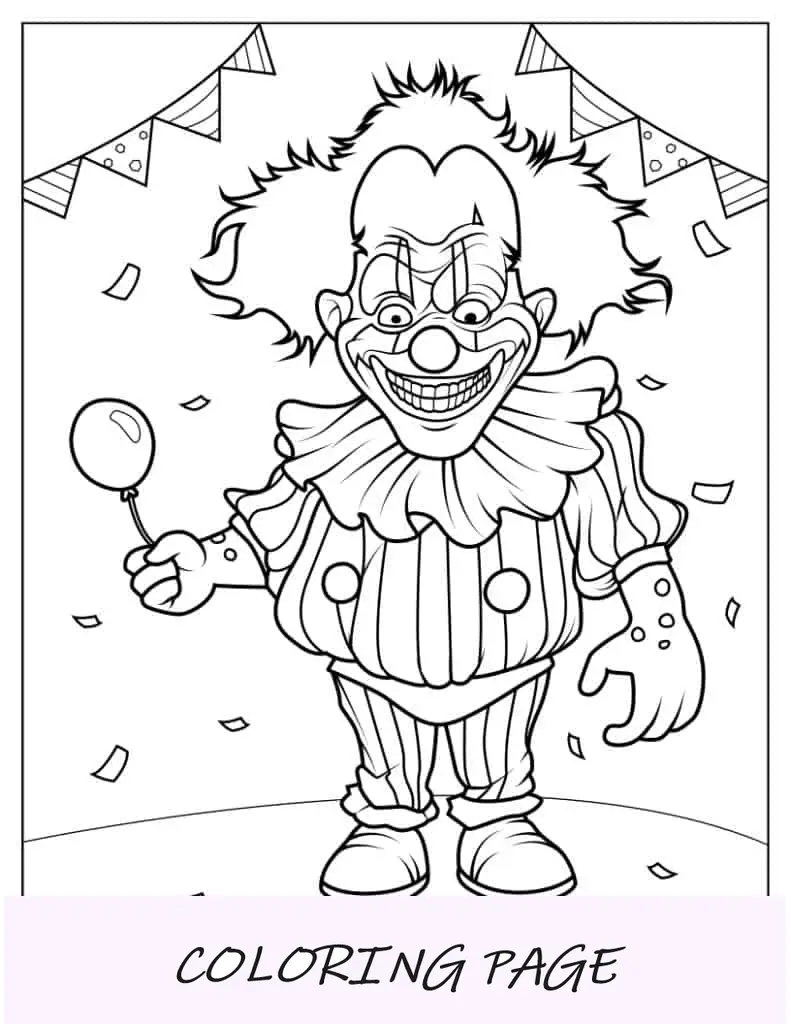 Folha para colorir de palhaço assustador com balão pequeno