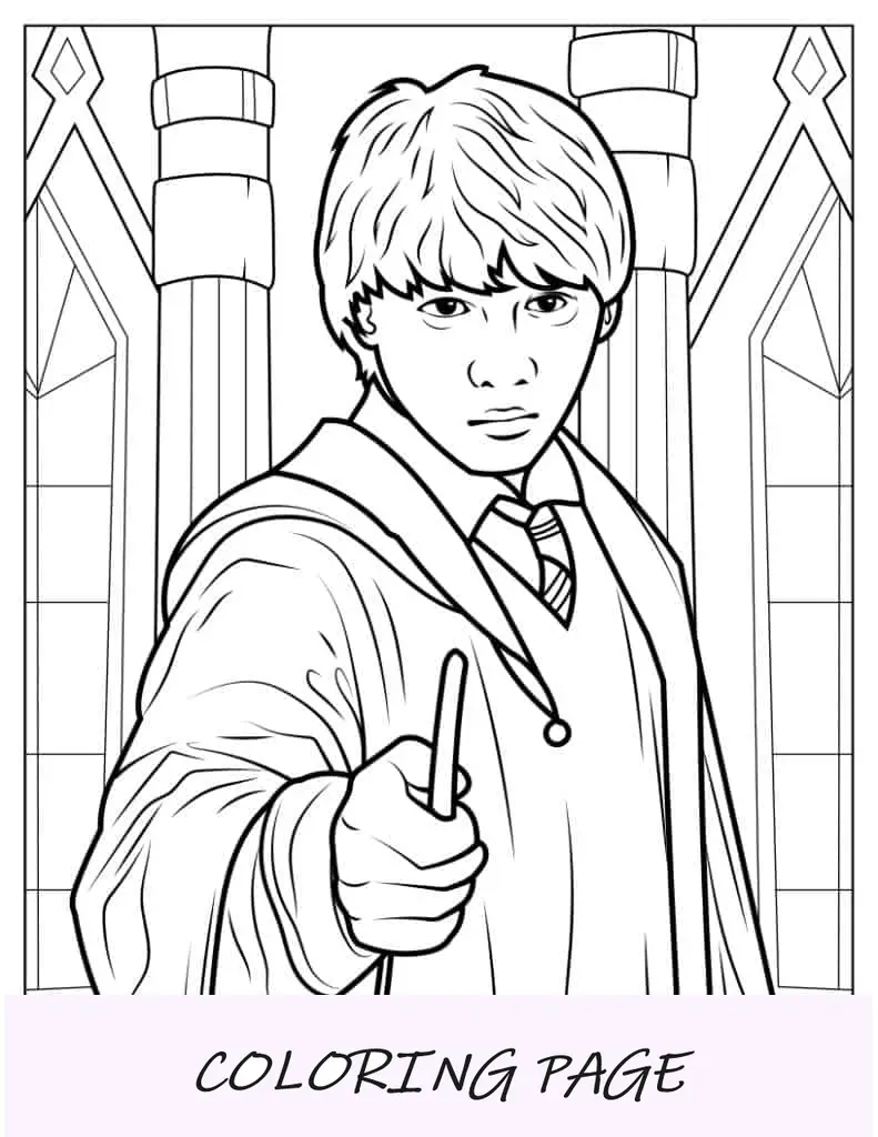 Página para colorir de Ron Weasley com varinha