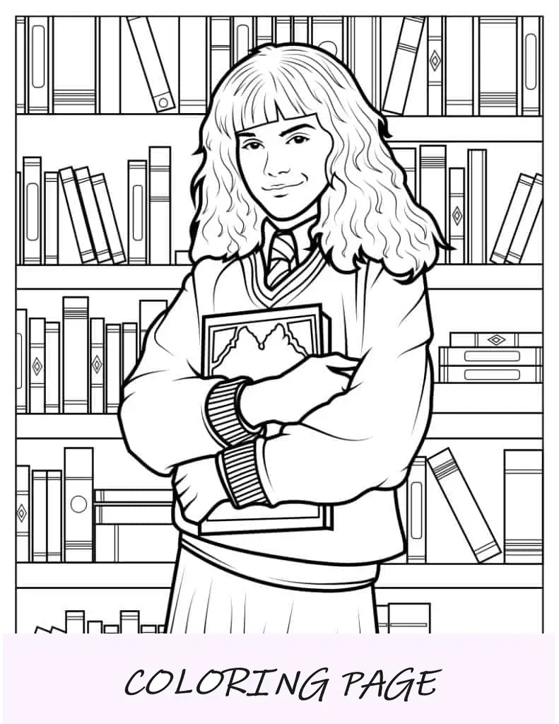 Folha para colorir da jovem Hermione Granger segurando um livro