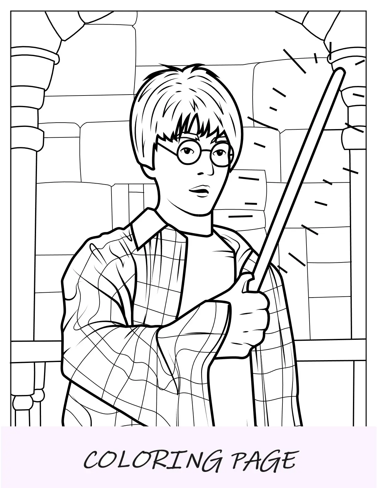 Página para colorir do jovem Harry Potter segurando a varinha para crianças