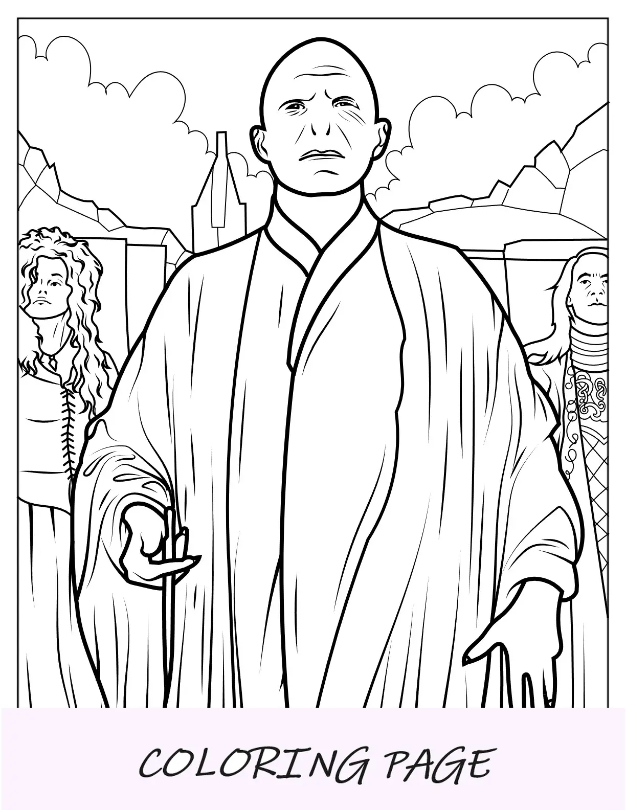 Folha para colorir de Voldemort com Bellatrix Lestrange e Lucius Malfoy