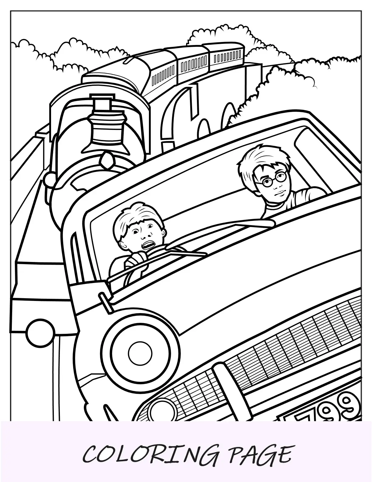 Página para colorir de Ron e Harry no carro voador