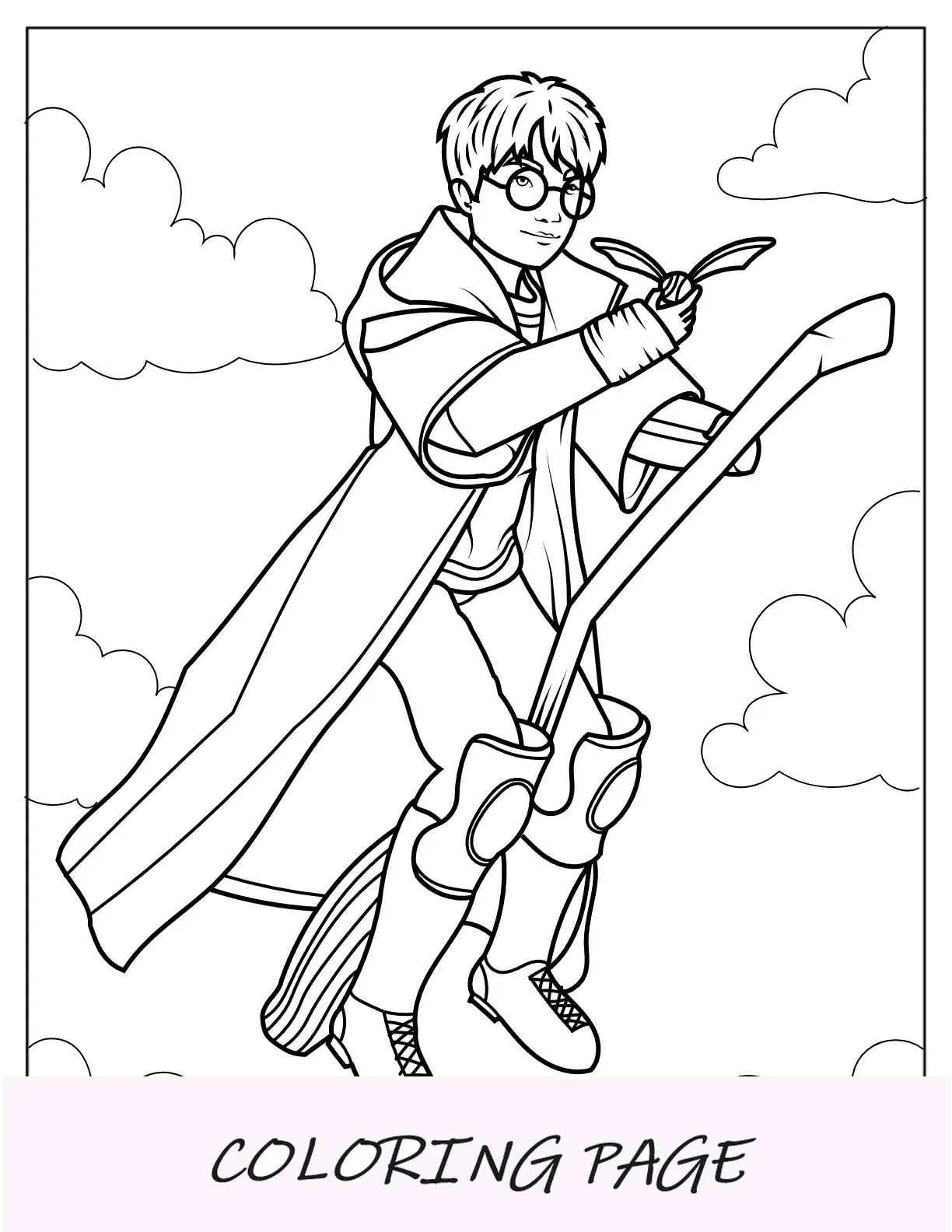 Página para colorir de Harry Potter segurando o pomo de ouro para crianças