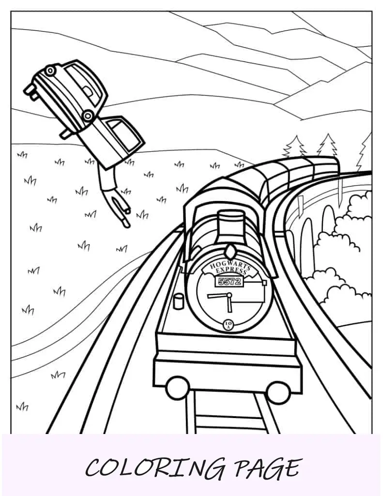 Página para colorir de carro voador ao lado do Expresso de Hogwarts