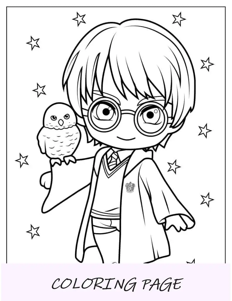 Chibi Harry Potter com Edwiges para colorir para crianças