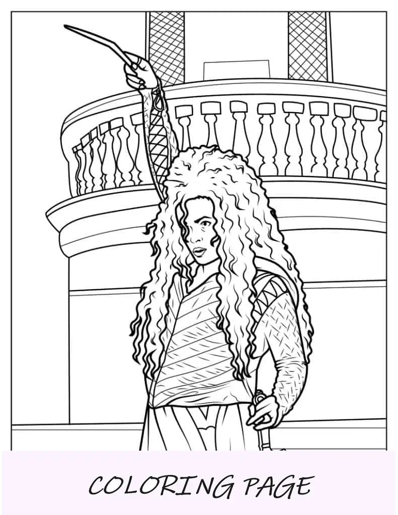 Folha para colorir de feitiços de lançamento de Bellatrix Lestrange