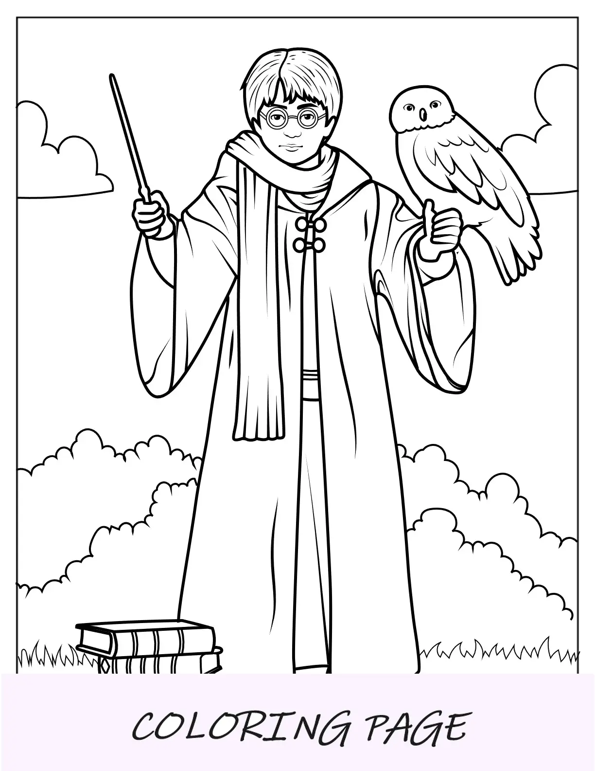 Página para colorir de Harry Potter segurando Edwiges, a coruja