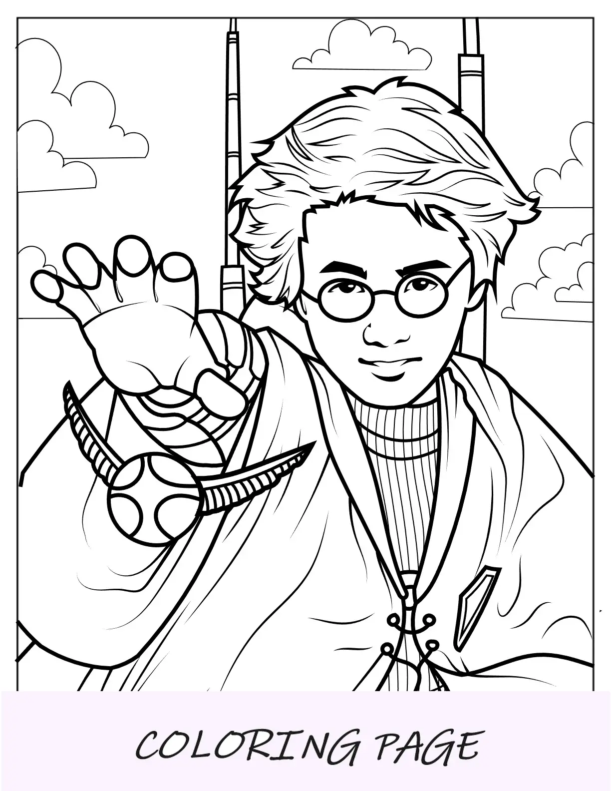 Desenho para colorir do jovem Harry Potter pegando o pomo de ouro