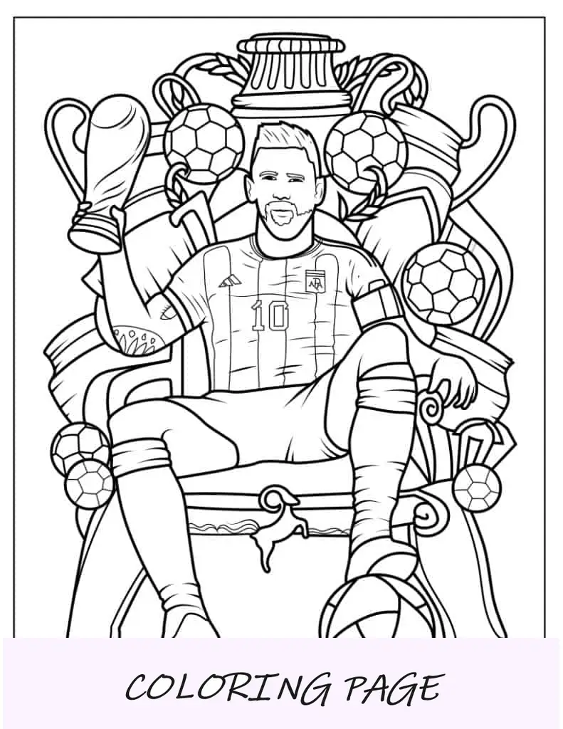 Pagina da colorare di Lionel Messi sul trono con il trofeo