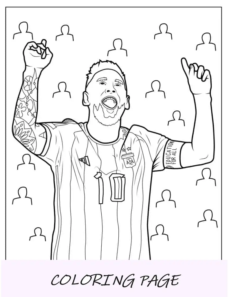 Pagina da colorare realistica di Lionel Messi che festeggia