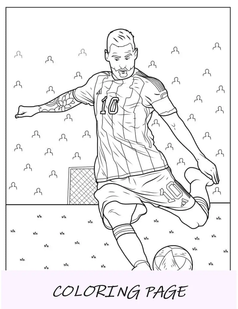 Foglio da colorare di Lionel Messi che calcia la palla