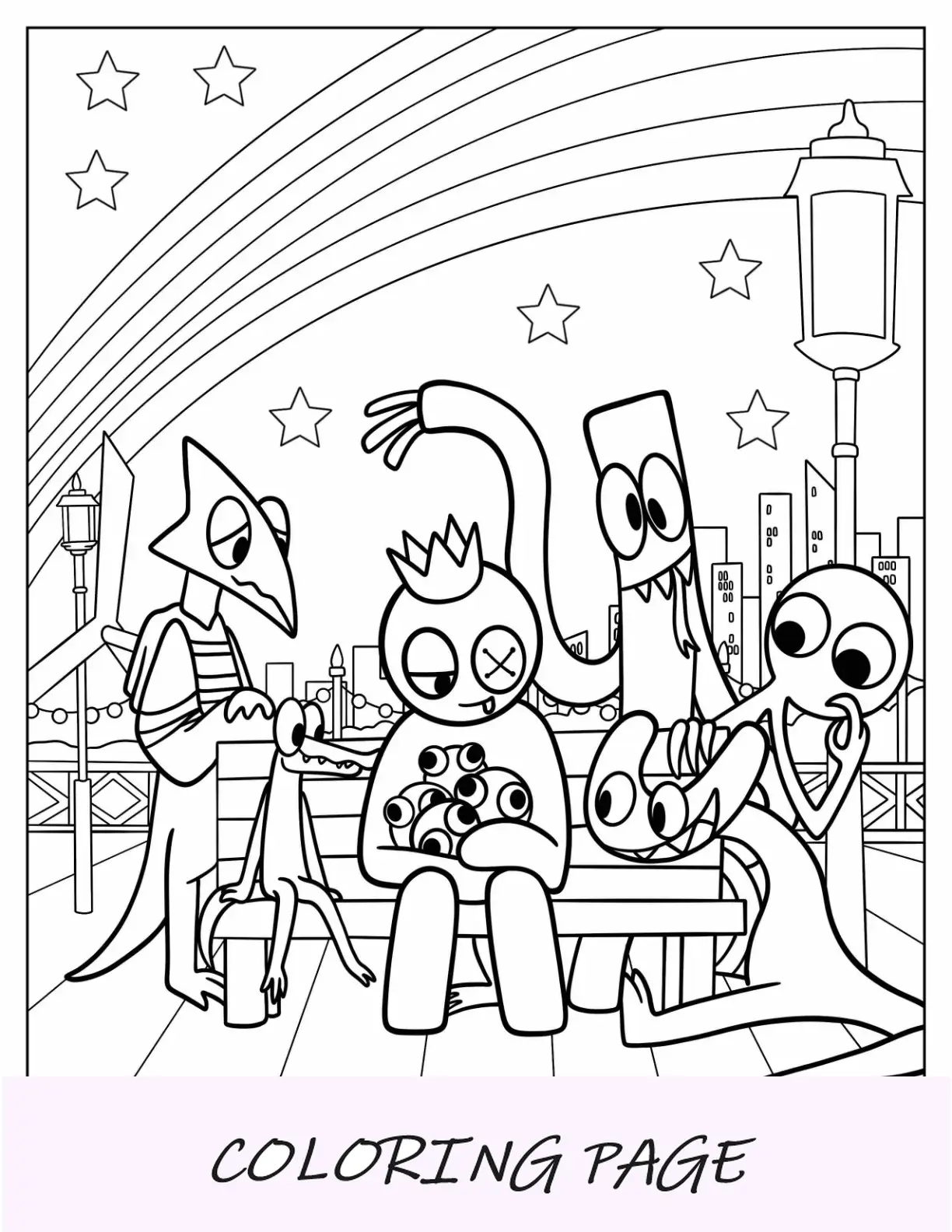 Página para colorir de Rainbow Friends observando bebês arco-íris em um banco