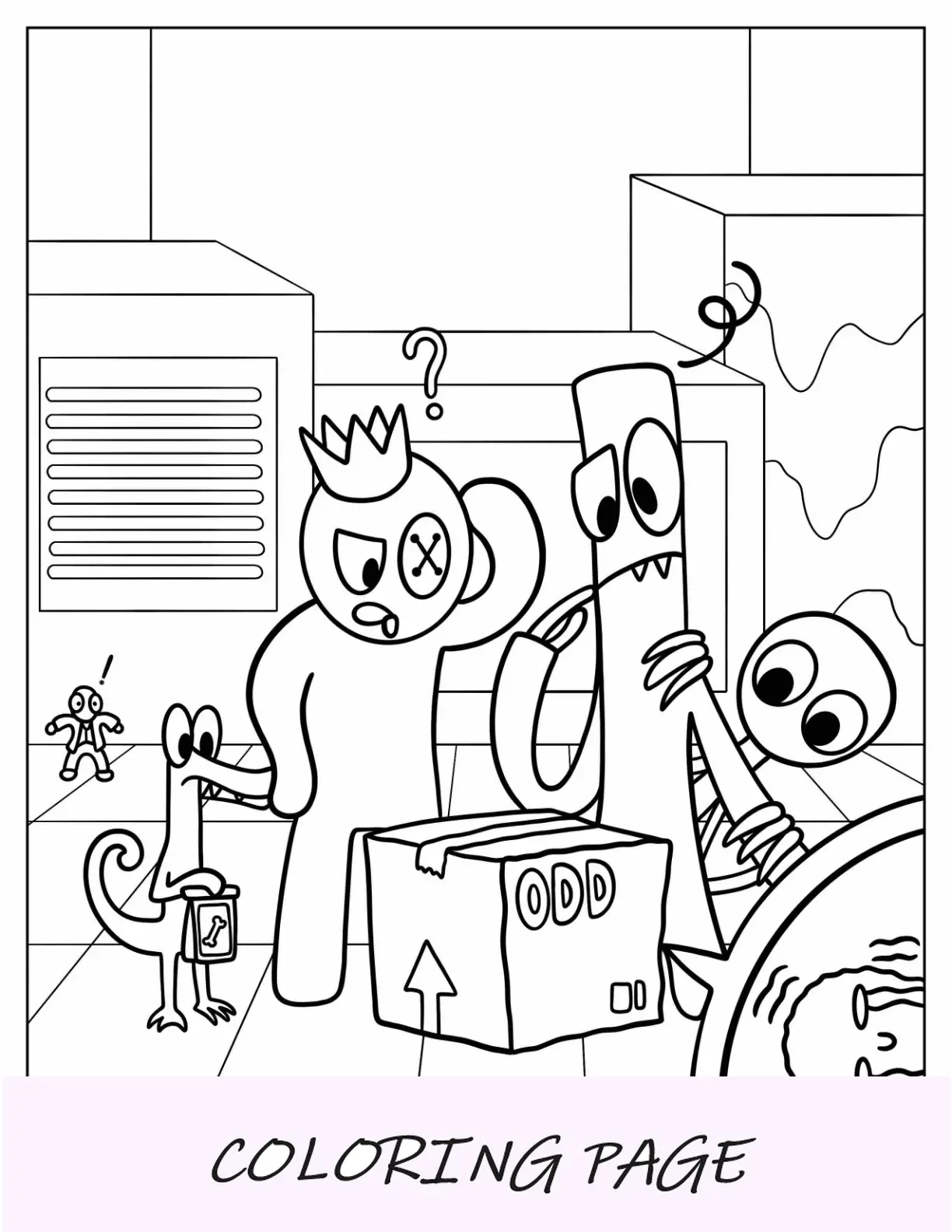 Página para colorir de Rainbow Friends olhando para uma caixa estranha