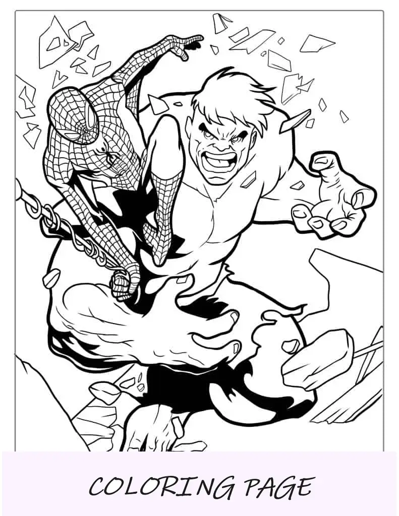 Página para colorir do Hulk e do Homem-Aranha