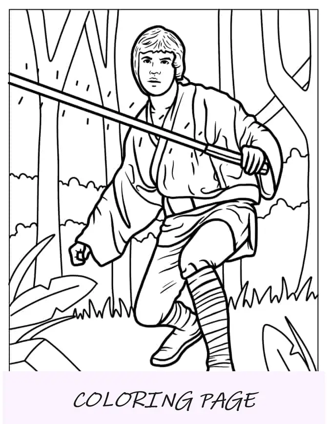 Luke Skywalker segurando o sabre de luz para colorir