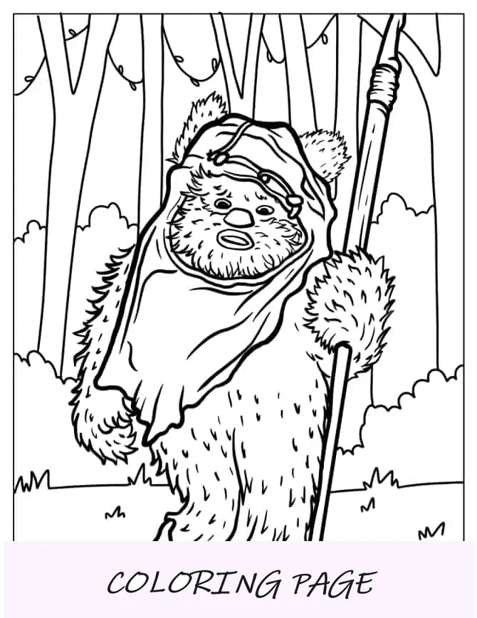 Página para colorir de Ewok na floresta