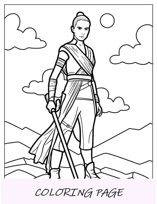Página para colorir realista de Rey Skywalker com sabre de luz
