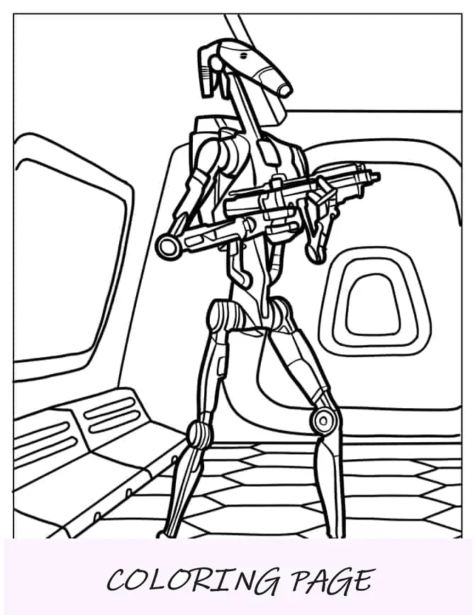 Desenho Para Colorir Droid de Batalha Segurando Blaster em Nave Estelar