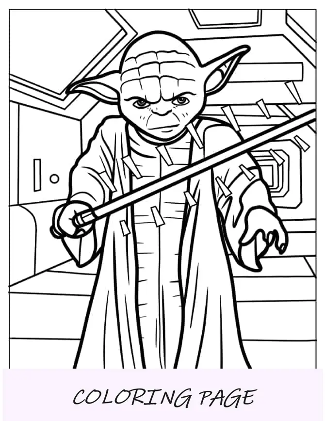 Yoda lutando com sabre de luz para colorir para crianças