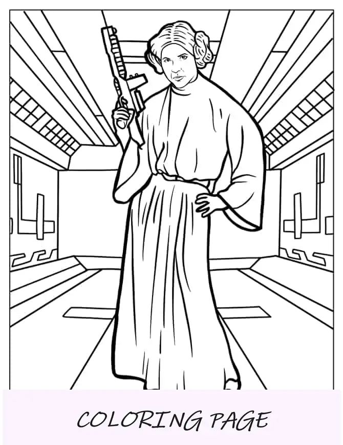 Folha para colorir Princesa Leia com Blaster