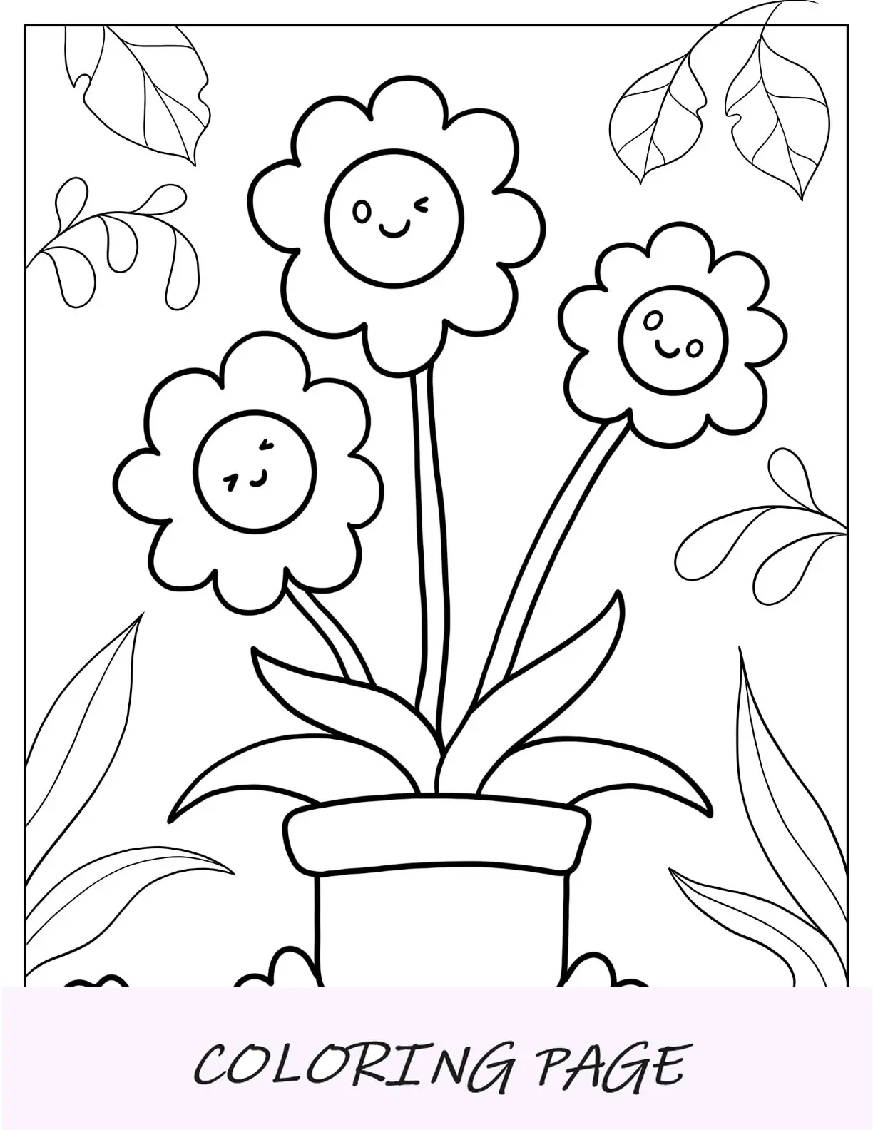 Desenhos para colorir de flores de três girassóis felizes em um vaso de jardim