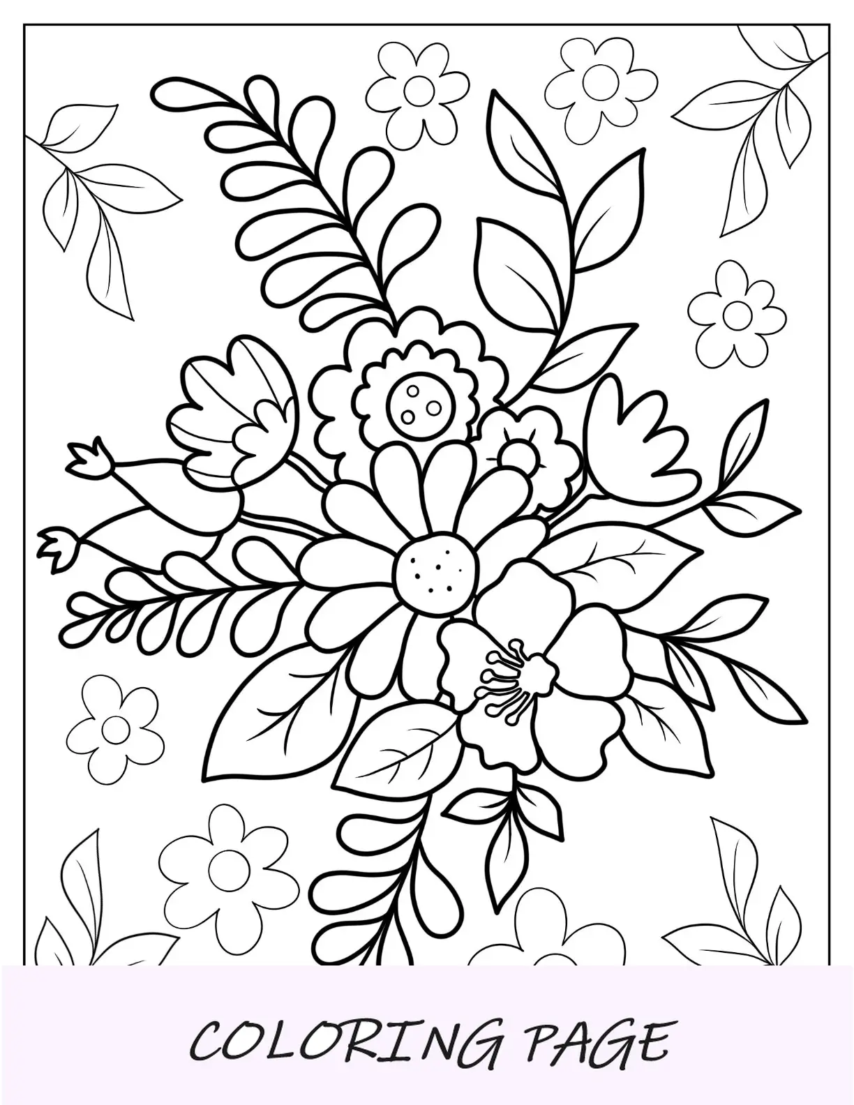 Desenhos para colorir de flores com um pequeno buquê de hibiscos, lírios e flores silvestres