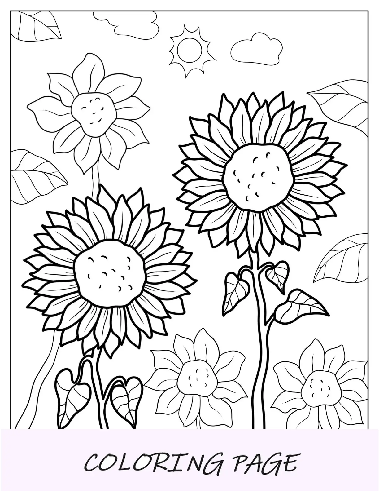Desenhos de flores para colorir de girassóis em um campo sob o sol