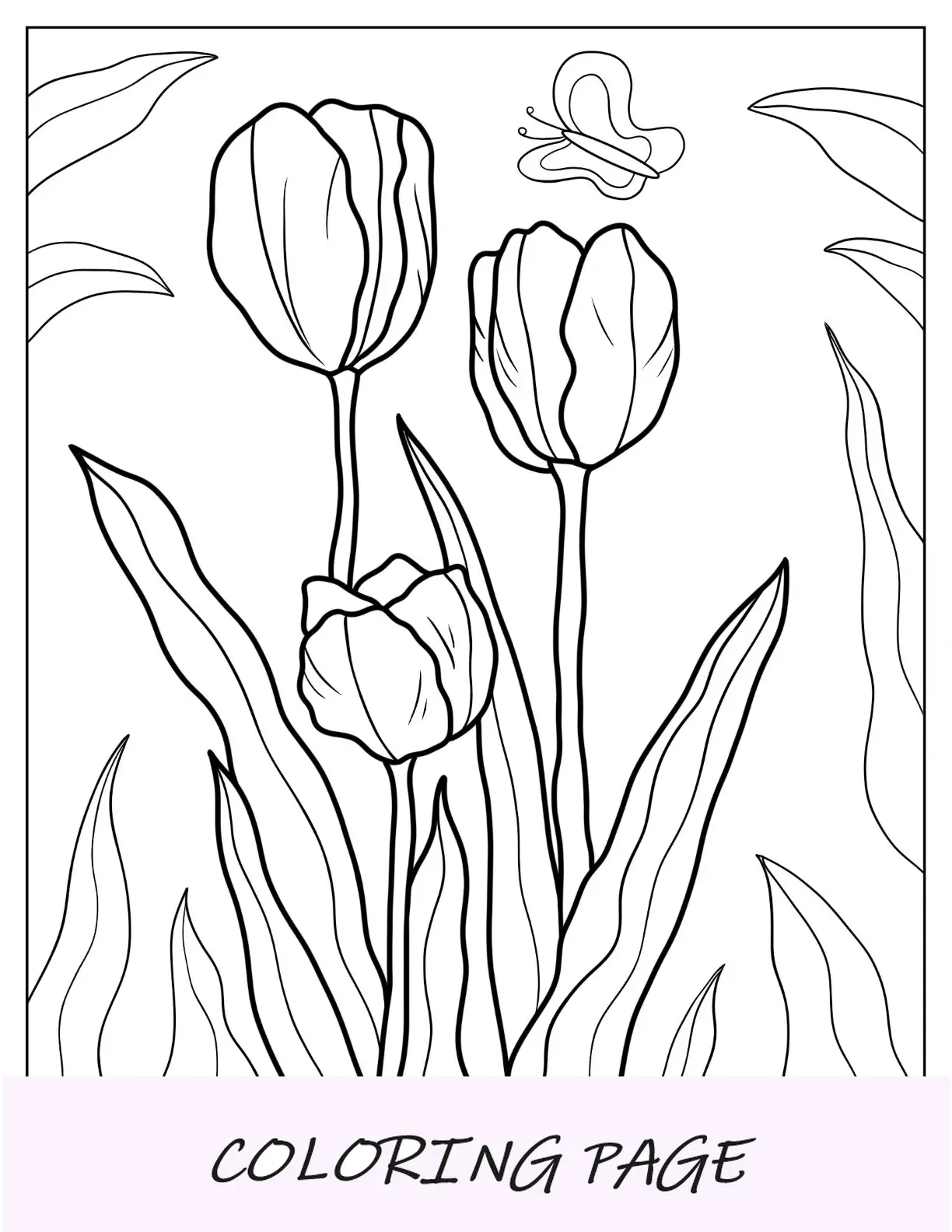 Desenhos para colorir de flores de três tulipas com borboleta