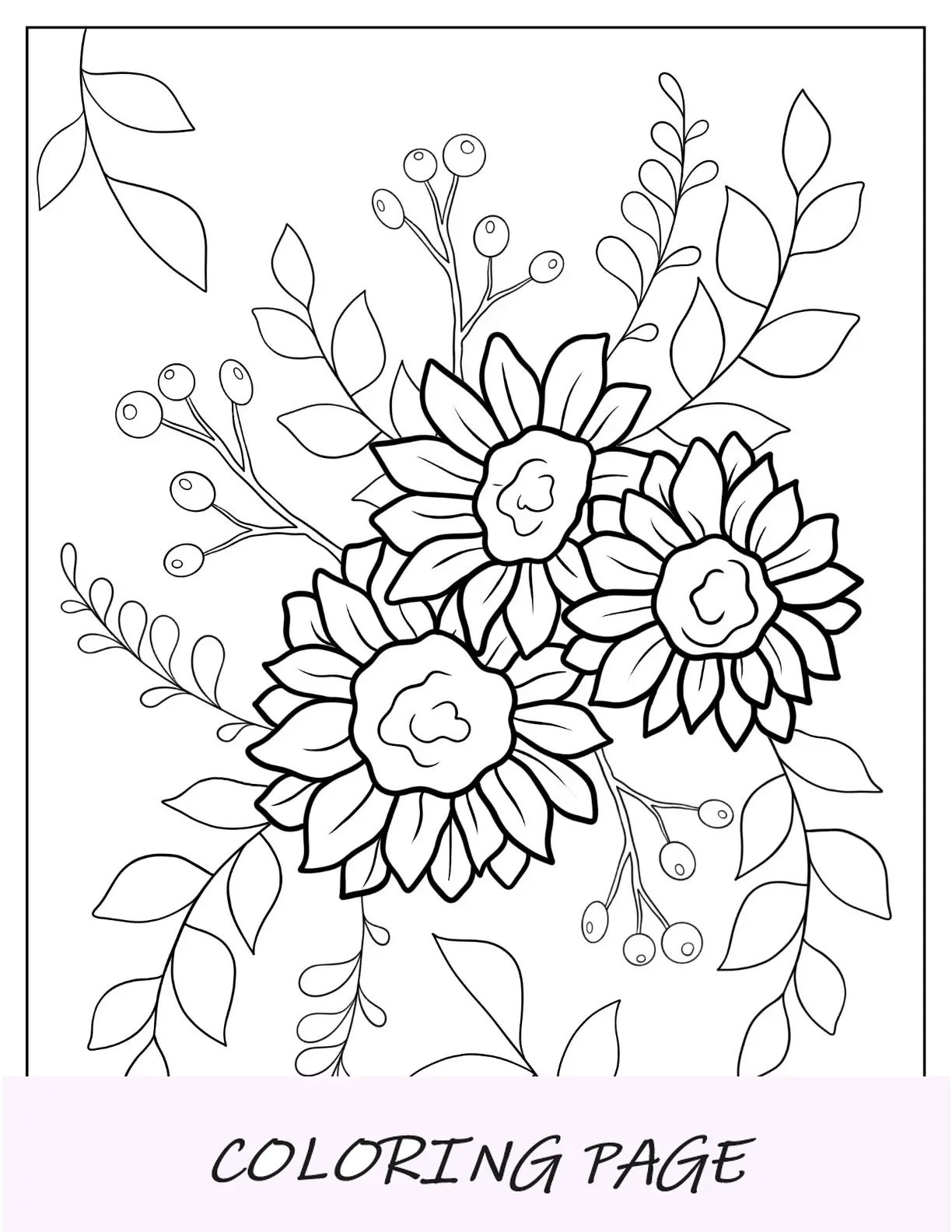 Desenhos para colorir de flores de três pequenos girassóis com folhas